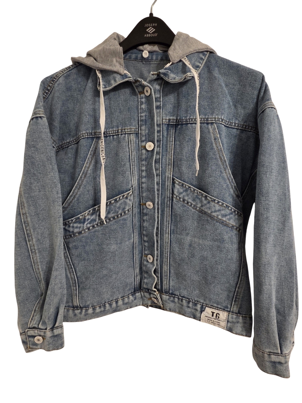 TG Women Light Wash Denim Jacket with Gray Hooded Lining